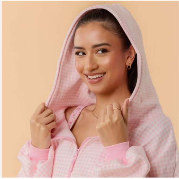 Blogilates Marshmallow Full Zip Hooded Sweatshirt Pink Gingham Medium - Picture 2 of 5